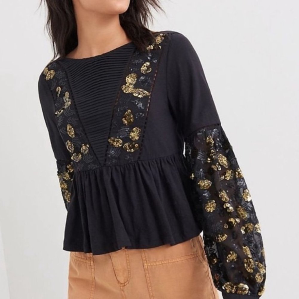 NWT Anthropologie Neale Sequined Peplum Top Black